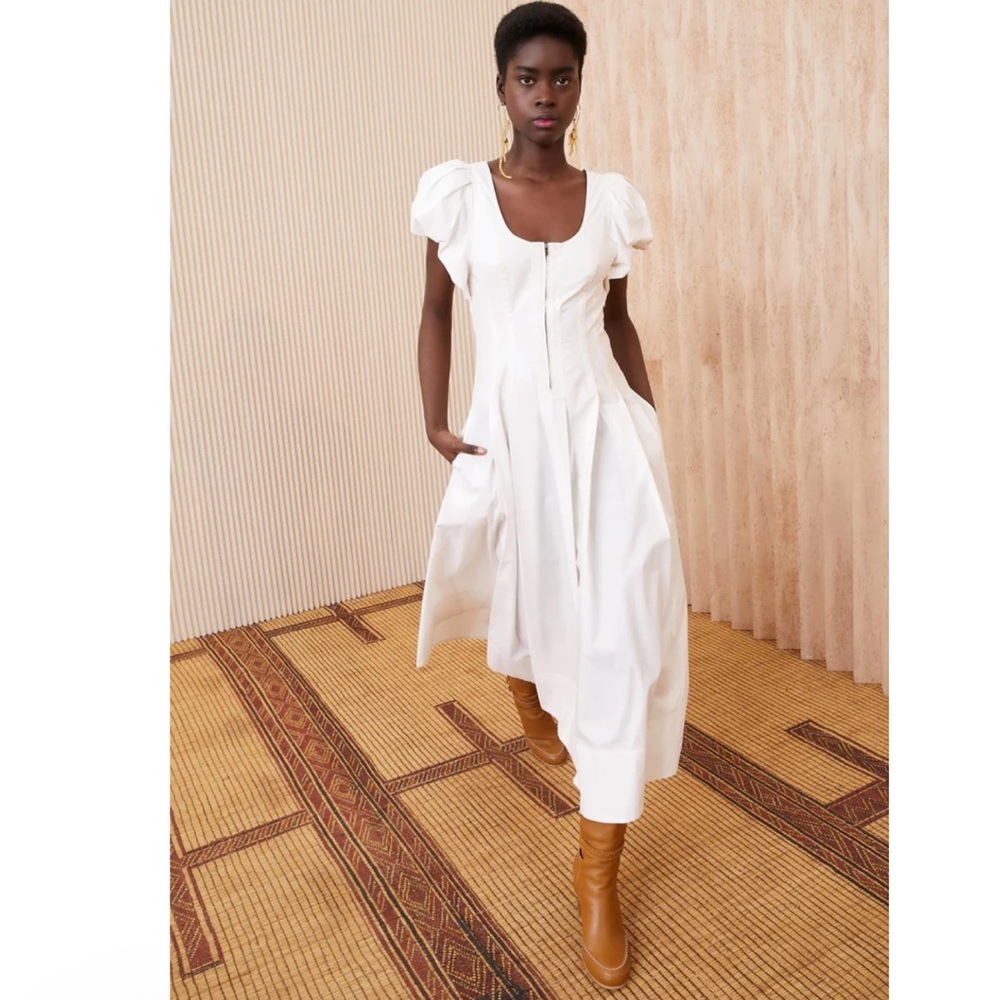 Ulla Johnson Malie Puff Sleeve Cotton Poplin Midi Dress Size 10 Bone White